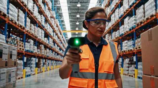 Warehouse worker scanning inventory with barcode reader, logistics and supply chain management