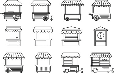 Street food cart outline vector set featuring kiosks, vendor stalls, mobile carts, and market stands icons © MDAbul