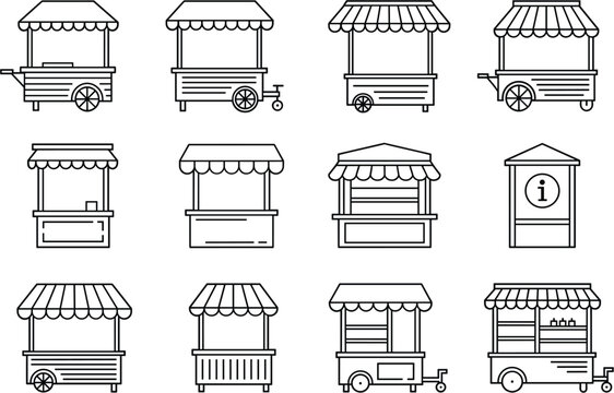 Street food cart outline vector set featuring kiosks, vendor stalls, mobile carts, and market stands icons