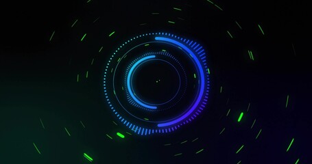 Fototapeta premium Rotating futuristic HUD showing neon rings and orbiting green particle streaks in virtual space