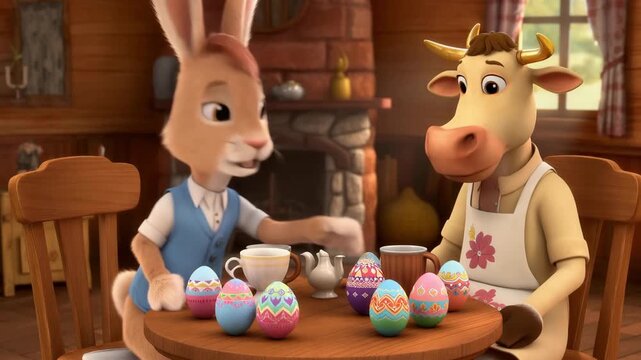 Animated rabbit and cow drinking tea together at a rustic table full of colorful decorated easter eggs
