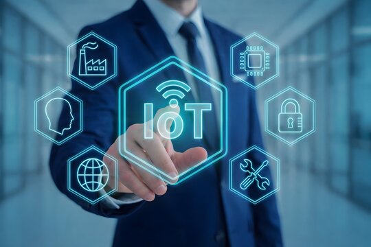 Industrial automation and cybersecurity symbols around connected IoT platform screen