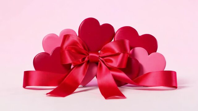 Valentine's day gift concept with red and pink hearts and a shiny ribbon bow on a pink background