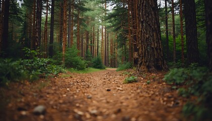 Fototapeta premium Dirt Trail Winding Through a Dense Evergreen Forest with Natural Depth of Field