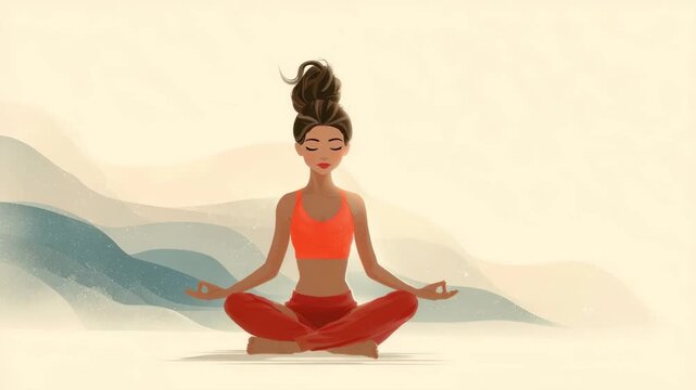Woman performing yoga meditation in a tranquil landscape with sun
