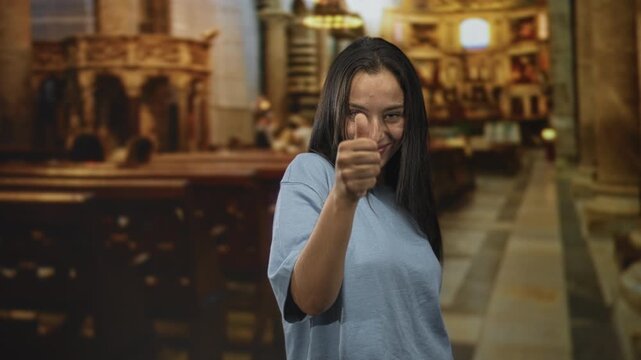 Woman with open hands and thumbs up gesture smiling inside a catholic church building among wooden pews; faith joy.