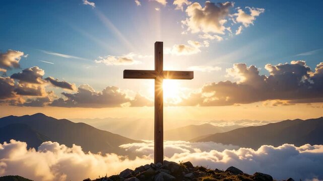 Wooden cross silhouetted against dramatic sunrise over misty mountains