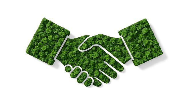 Eco-Agreement: A stylized representation of a handshake, intricately crafted from lush, vibrant foliage, symbolizing a commitment to environmental harmony and partnership.