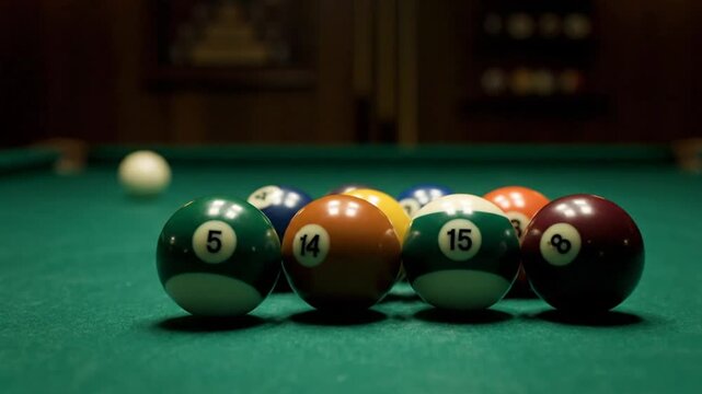 Billiard game setup with close-up shot of numbered pool balls on green felt table