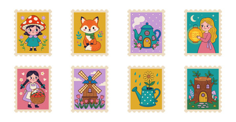 Fototapeta premium Flat Illustration Whimsical Fairy Tale Postage Stamp Collection for Children Storybook Stationery and Scrapbooking