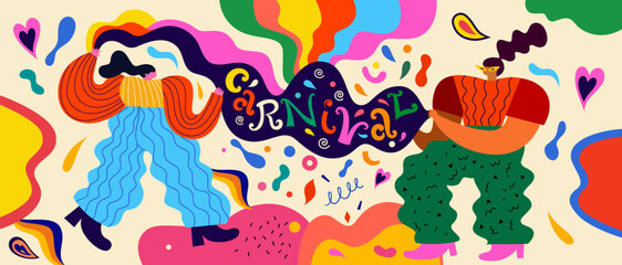 Naklejka premium Carnival colourful banner. Design for Brazil Carnival. Decorative abstract illustration with colorful doodles and people. Music festival illustration