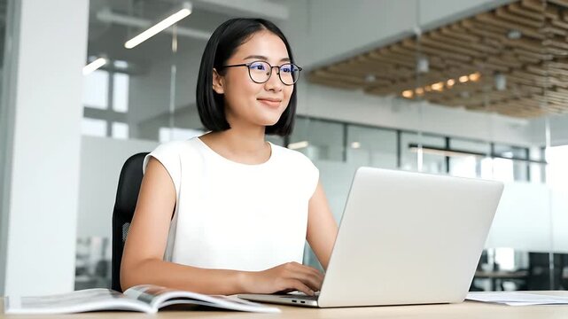 Happy young professional Asian woman in glasses smiling while typing on a laptop computer working efficiently at her desk in a modern corporate office setting.