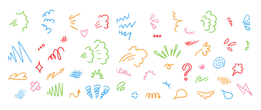 Cute anime emotion effect doodle elements with hand drawn lines, arrows, symbols and emotion marks. Perfect for manga, comic panels, expressive motion, fun stickers and graphic accents.