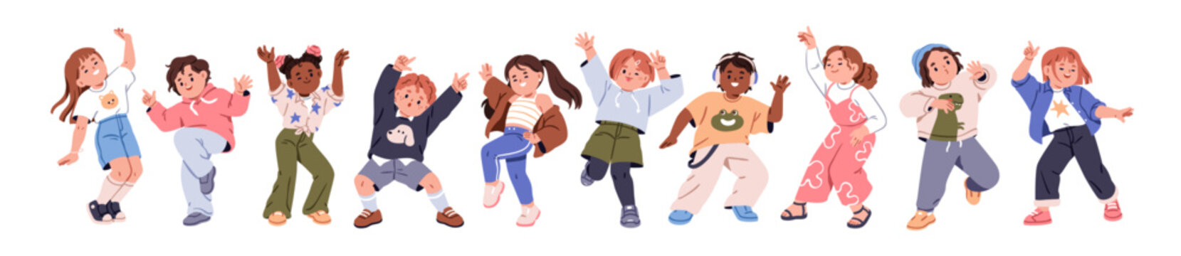 Children dance set. Happy little kids dancing at party. Excited cute funny boys and girls, child characters moving to music with fun, energy. Flat vector illustration isolated on white background
