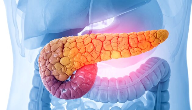 Anatomical illustration of the human pancreas and surrounding organs, highlighting its structure and function in digestion and endocrine regulation.