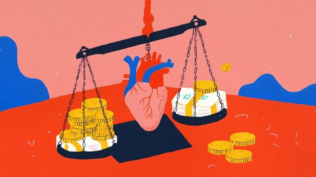 Scales balancing gold and organs portraying ethical tension between profit human life and moral responsibility in contemporary economic and social debates