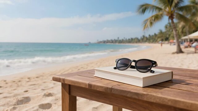 Sunglasses are placed on a white book on a wooden table at a beach. The ocean waves and palm trees are visible in the background under clear blue skies