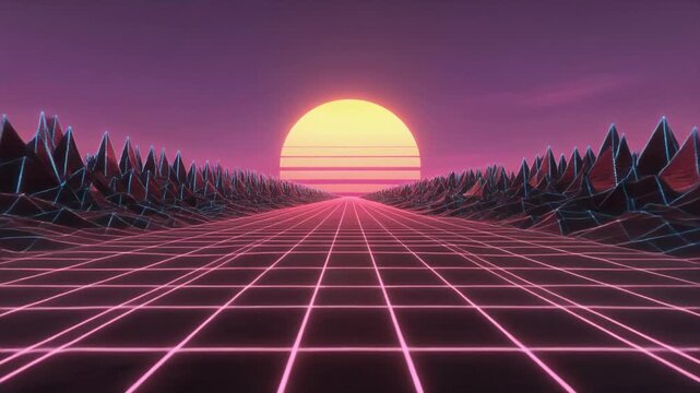 A vibrant neon 2026 emerges from a retro-futuristic landscape, symbolizing a new year in a digital, synthwave-inspired world.