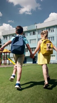 Young boy and girl holding hands and running to school with backpacks on a sunny day, vertical shot