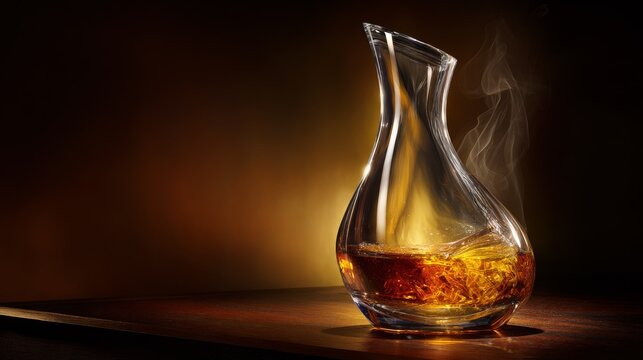 Hand blown crystal decanter filled with amber whiskey liquid