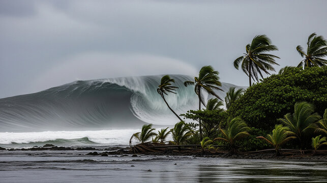 Dramatic Giant Barrel Wave Approaching Lush Tropical Coastline