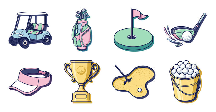 Cute Golf Equipment Sticker Set, Pastel Vector Illustrations