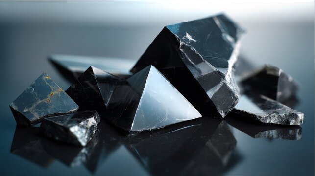 Polished obsidian shards arranged on a dark reflective surface
