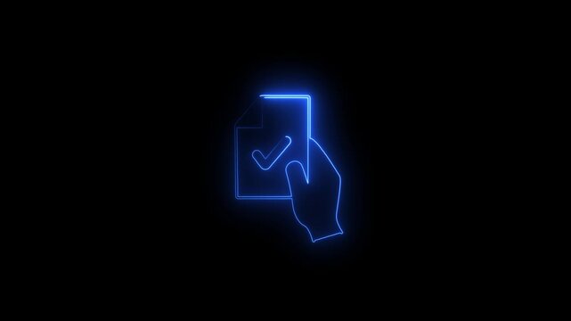 Hand holding a checklist with a tick mark indicating task completion or agreement on a dark background neon blue digital concept business approval success and confirmation