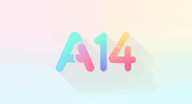 Colorful A14 logo with rounded edges and shadow against a pastel background