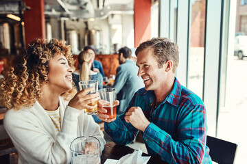 Laugh, beer and toast with couple in pub for valentines day event, bonding and date. Happy hour...
