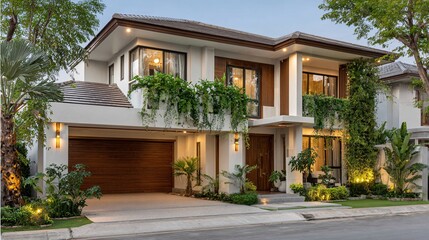 Fototapeta premium Exterior of a luxury modern villa with integrated solar roof tiles, lush vertical garden on the facade, dusk, warm interior lights, cinematic