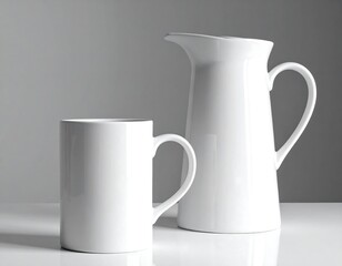 Elegant White Ceramic Pitcher and Mug Set for Minimalist Kitchen Decor Still Life