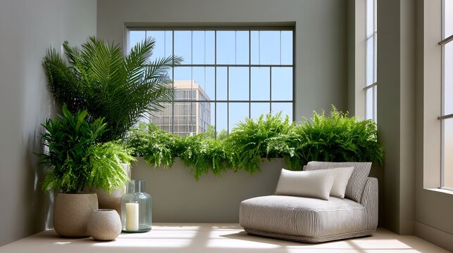 A modern greenhouse integrated into the living room, tropical plants, floor-to-ceiling glass, sunlight streaming through