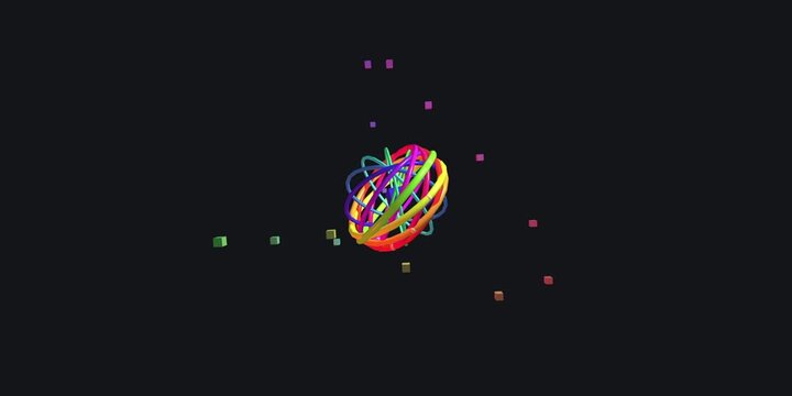 A vibrant sphere with fibonacci spiral pattern floats amidst colorful dots in a dark environment viewed from a distant perspective