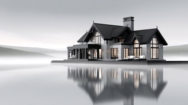 High-end eco-resort villa made of charred timber (Shou Sugi Ban), misty forest background, architectural photography