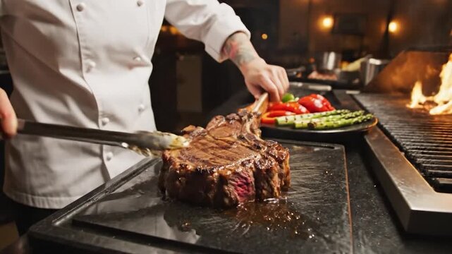 A chef grills a large tomahawk steak over an open flame, plating vegetables