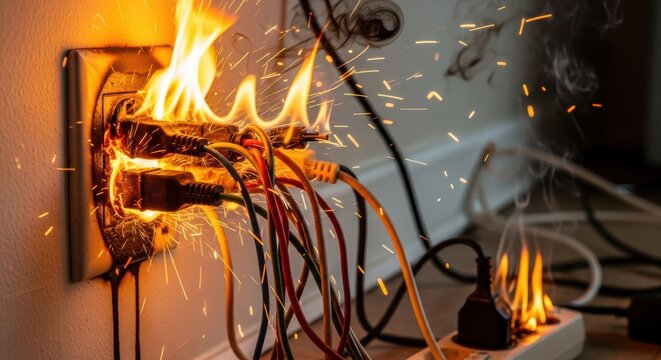 Electrical Outlet Overloaded With Multiple Plugs Sparks And Flames Danger Of Fire Hazard At Home
