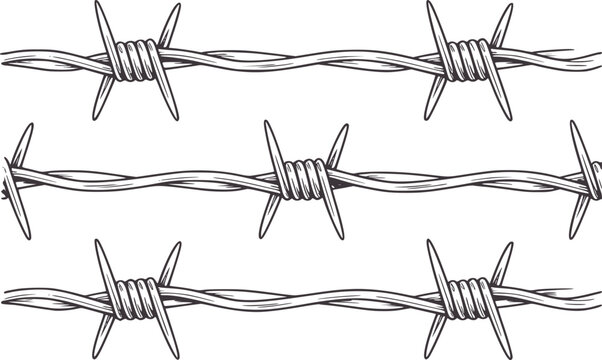 Three horizontal lines of barbed wire with sharp points metal