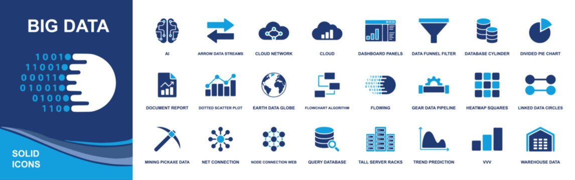 Big data icon set. Containing analytics, AI, cloud, database, dashboard, data pipeline, ETL, network, filter, server racks, warehouse, charts and more. Solid fill vector icons collection