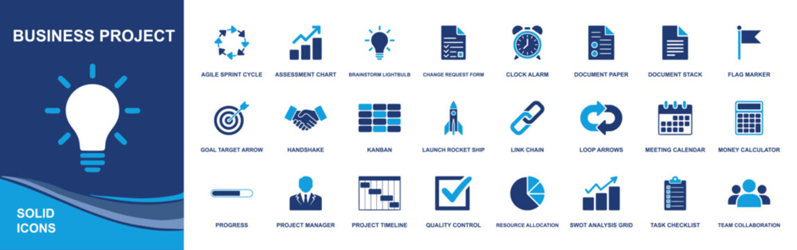 Business project icon set. Containing kanban, timeline, manager, task checklist, change request, meeting calendar, goal target, SWOT, resource allocation and more. Solid fill vector icons collection