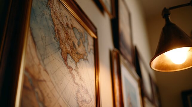 Framed antique world map with detailed gold leaf ornamentation