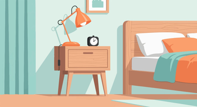 Cozy bedroom scene with a bedside table, lamp, clock, and bed