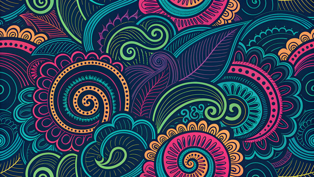 Colorful Abstract Floral Doodles Pattern, Paisley Swirls, Vibrant Decorative Background