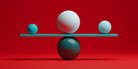 Balanced teal and white spheres on red background