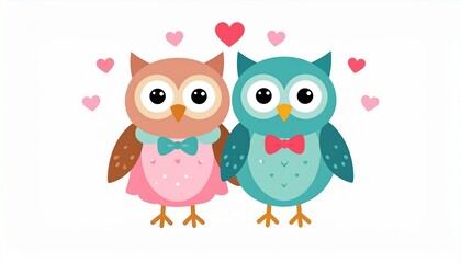 Fototapeta premium Charming Illustration of Two Adorable Owls Surrounded by Floating Hearts, Perfect for Valentines Day.
