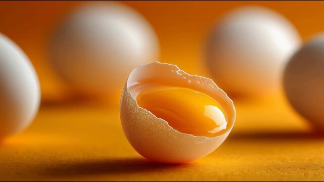 A cracked white eggshell with a bright yellow yolk inside. Several whole white eggs are placed around it on an orange background.