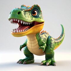 Fototapeta premium Cartoon Tyrannosaurus Rex Illustration - Playful Dinosaur with Open Mouth and Sharp Teeth, Green and Yellow Colors.