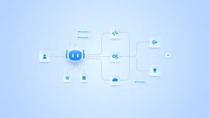AI workflow automation artificial intelligence. ai agent automation diagram with user input, processing flow, coding and automation system.