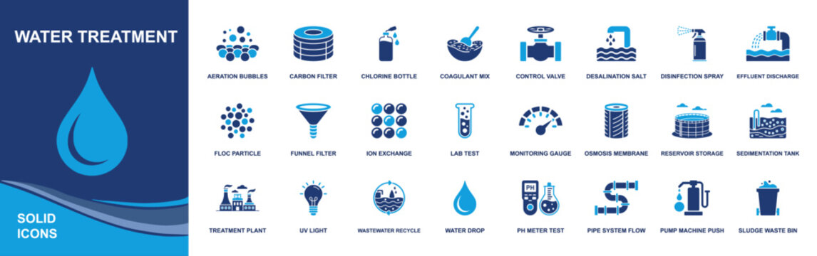 Water treatment icon set. Containing carbon filter, chlorine bottle, control valve, desalination, lab test, osmosis membrane, pH meter, wastewater recycle, sediment tank and more. Solid fill vector ic