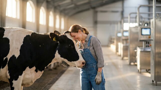 Happy female dairy farmer affectionately touching a black and white cow in a modern farm barn during sunset for ethical agriculture and animal welfare concept.